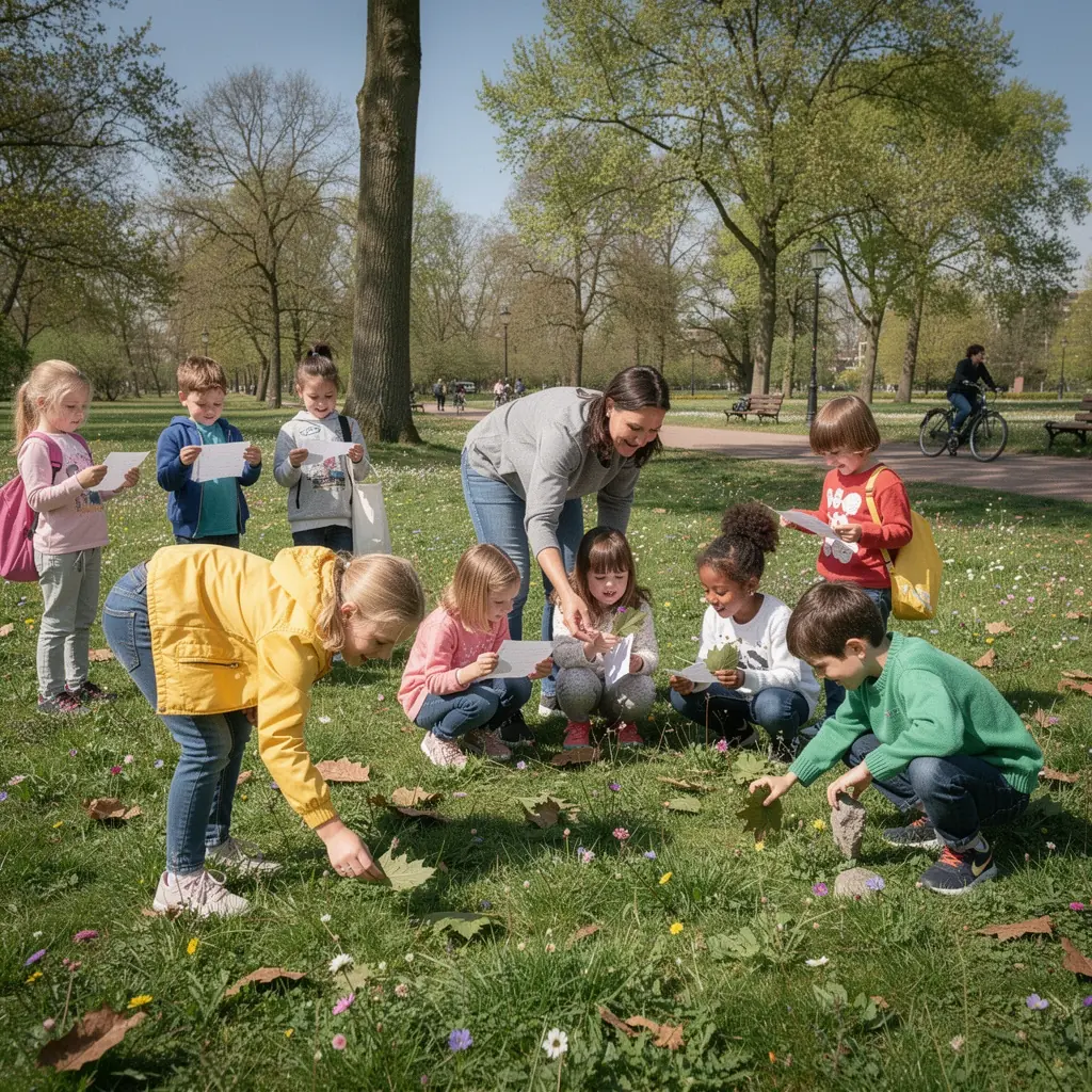 Een leraar die uitleg geeft aan een kleine groep kinderen tijdens een ontwikkelingsprogramma.